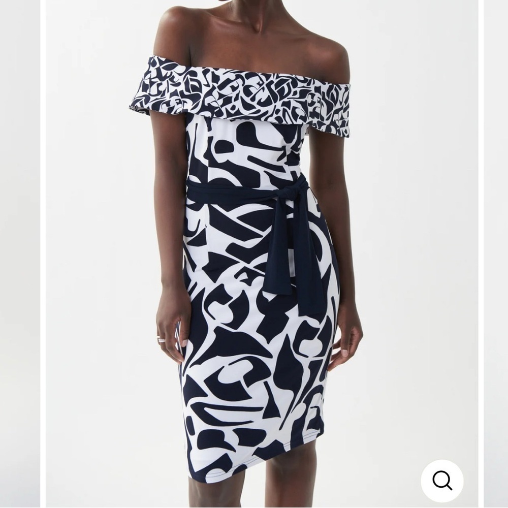 Joseph Ribkoff  dress black-white Off-shoulder silhouette pattern Sz 6